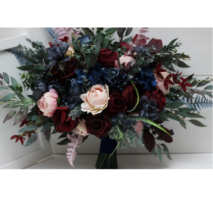 Wedding bouquets in burgundy navy blue blush pink colors. Bridal bouquet. Cascading bouquet. Faux bouquet. Bridesmaid bouquet. 5022-1