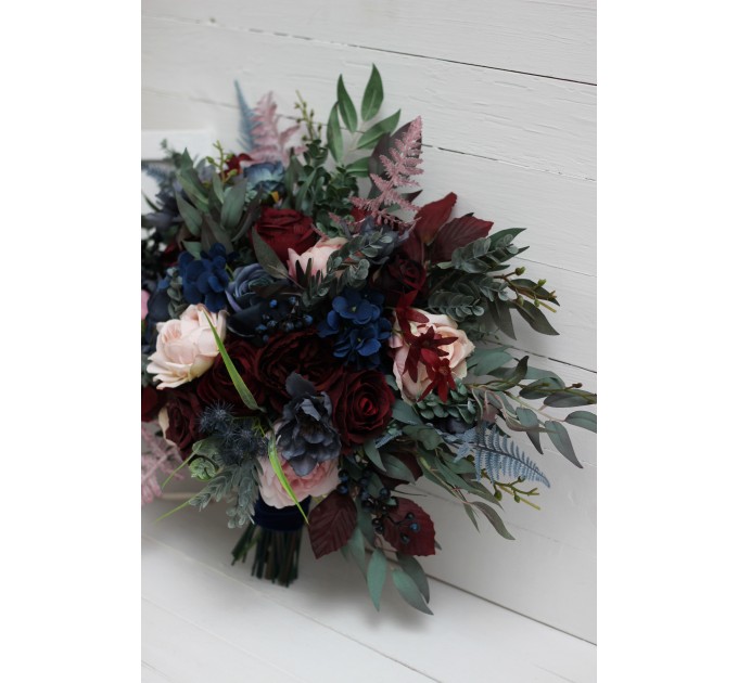 Wedding bouquets in burgundy navy blue blush pink colors. Bridal bouquet. Cascading bouquet. Faux bouquet. Bridesmaid bouquet. 5022-1