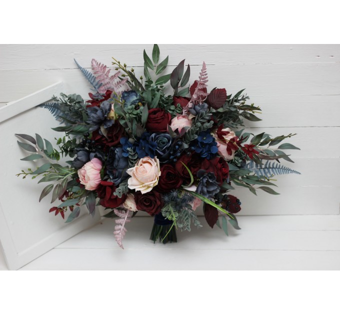 Wedding bouquets in burgundy navy blue blush pink colors. Bridal bouquet. Cascading bouquet. Faux bouquet. Bridesmaid bouquet. 5022-1