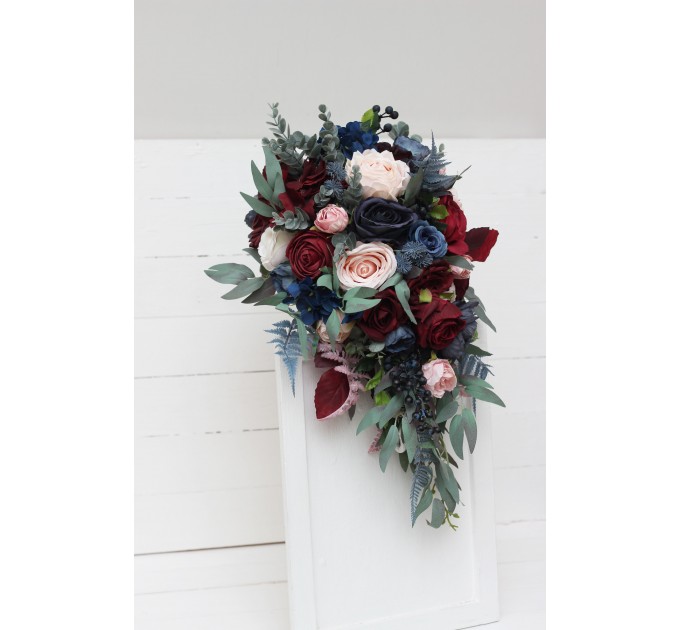 Wedding bouquets in burgundy navy blue blush pink colors. Bridal bouquet. Cascading bouquet. Faux bouquet. Bridesmaid bouquet. 5022-1