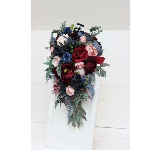 Wedding bouquets in burgundy navy blue blush pink colors. Bridal bouquet. Cascading bouquet. Faux bouquet. Bridesmaid bouquet. 5022-1