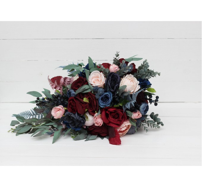 Wedding bouquets in burgundy navy blue blush pink colors. Bridal bouquet. Cascading bouquet. Faux bouquet. Bridesmaid bouquet. 5022-1