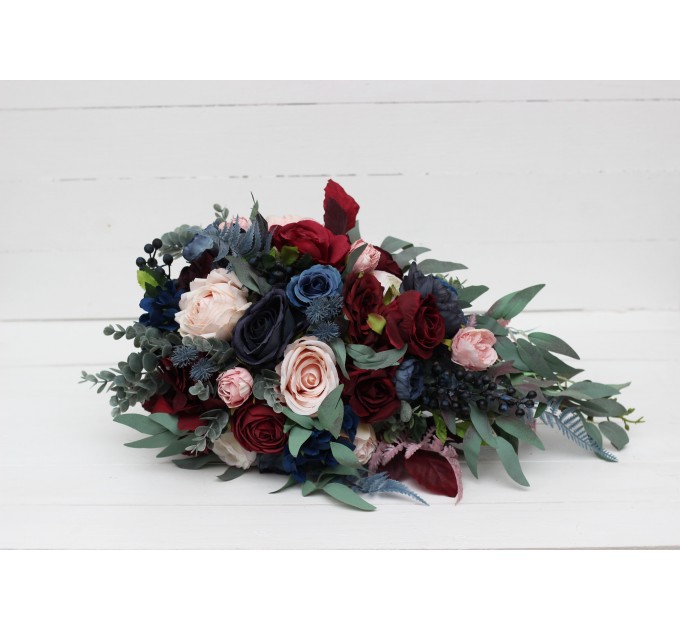 Wedding bouquets in burgundy navy blue blush pink colors. Bridal bouquet. Cascading bouquet. Faux bouquet. Bridesmaid bouquet. 5022-1