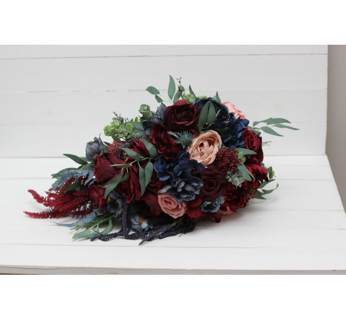 Wedding Bouquets in Burgundy, Navy Blue & Blush Pink | Large Bridal & Cascading Faux Flowers