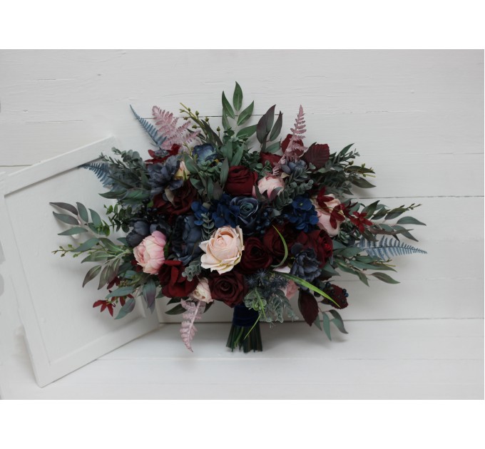 Wedding bouquets in burgundy navy blue blush pink colors. Bridal bouquet. Cascading bouquet. Faux bouquet. Bridesmaid bouquet. 5022-1