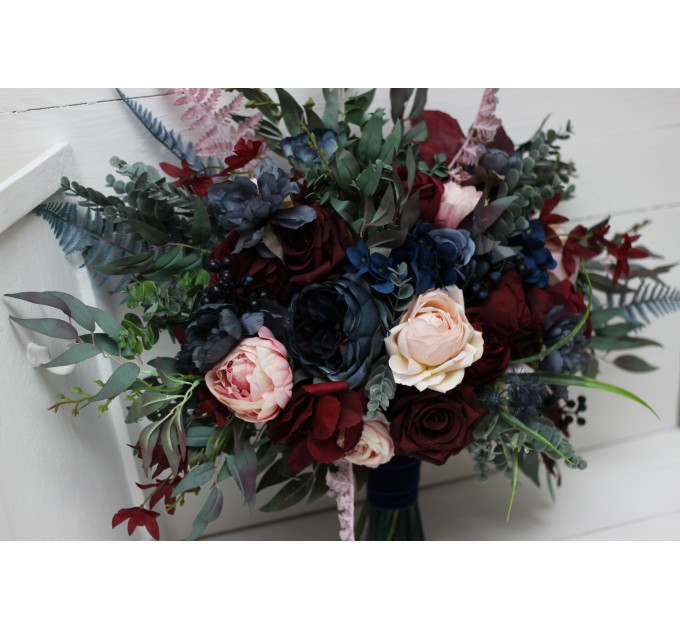 Wedding bouquets in burgundy navy blue blush pink colors. Bridal bouquet. Cascading bouquet. Faux bouquet. Bridesmaid bouquet. 5022-1