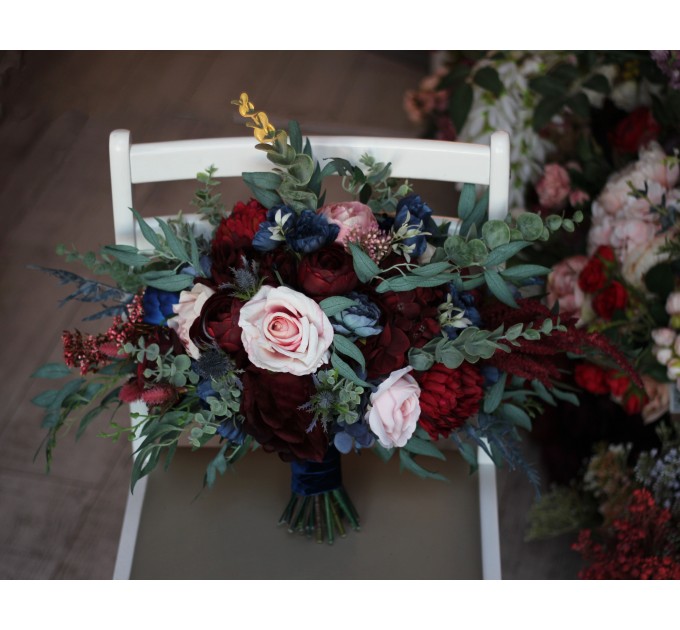 Wedding bouquets in burgundy navy blue blush pink colors. Bridal bouquet. Cascading bouquet. Faux bouquet. Bridesmaid bouquet. 5022