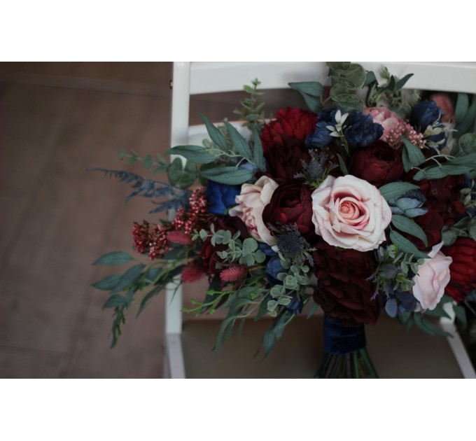 Wedding bouquets in burgundy navy blue blush pink colors. Bridal bouquet. Cascading bouquet. Faux bouquet. Bridesmaid bouquet. 5022