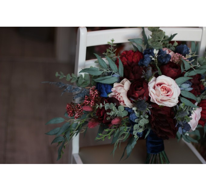 Wedding bouquets in burgundy navy blue blush pink colors. Bridal bouquet. Cascading bouquet. Faux bouquet. Bridesmaid bouquet. 5022