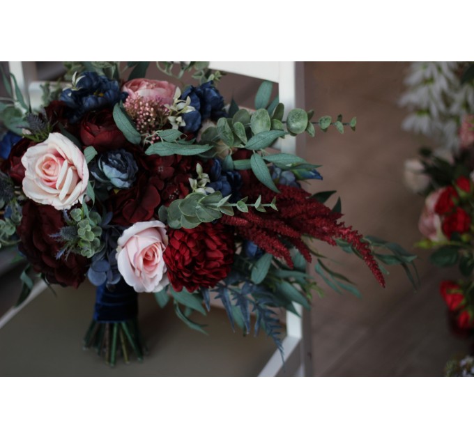 Wedding bouquets in burgundy navy blue blush pink colors. Bridal bouquet. Cascading bouquet. Faux bouquet. Bridesmaid bouquet. 5022
