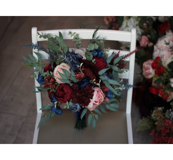 Wedding bouquets in burgundy navy blue blush pink colors. Bridal bouquet. Cascading bouquet. Faux bouquet. Bridesmaid bouquet. 5022