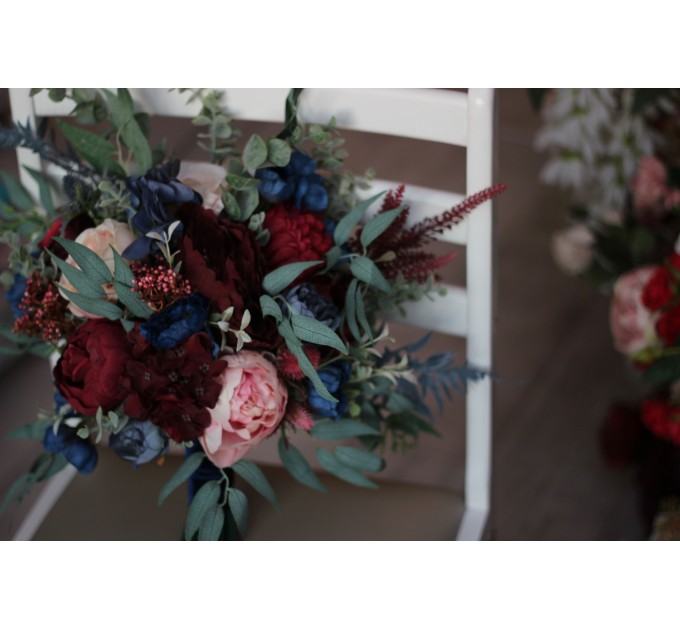 Wedding bouquets in burgundy navy blue blush pink colors. Bridal bouquet. Cascading bouquet. Faux bouquet. Bridesmaid bouquet. 5022