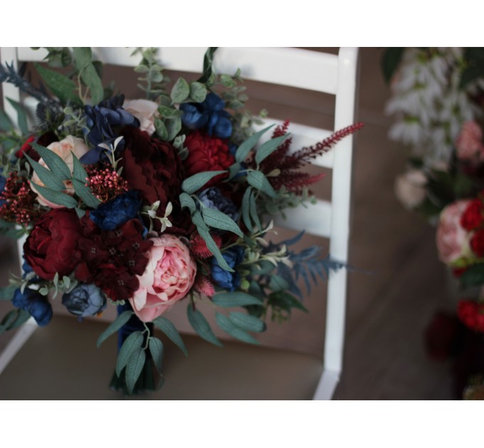 Wedding bouquets in burgundy navy blue blush pink colors. Bridal bouquet. Cascading bouquet. Faux bouquet. Bridesmaid bouquet. 5022