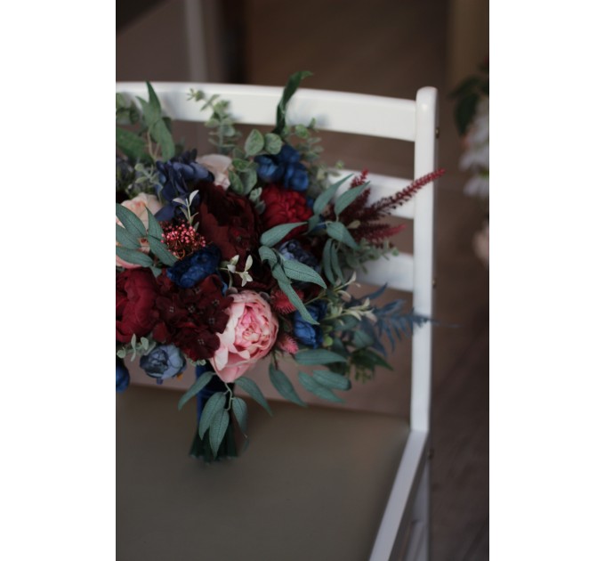 Wedding bouquets in burgundy navy blue blush pink colors. Bridal bouquet. Cascading bouquet. Faux bouquet. Bridesmaid bouquet. 5022