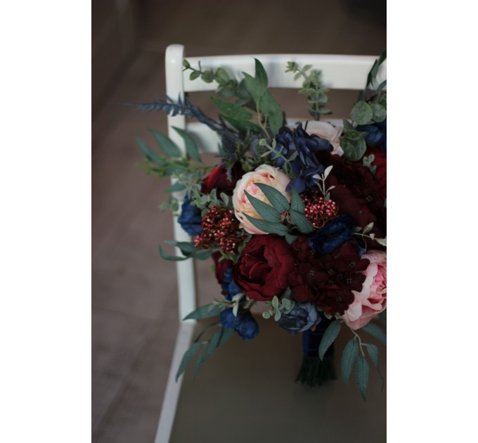 Wedding bouquets in burgundy navy blue blush pink colors. Bridal bouquet. Cascading bouquet. Faux bouquet. Bridesmaid bouquet. 5022