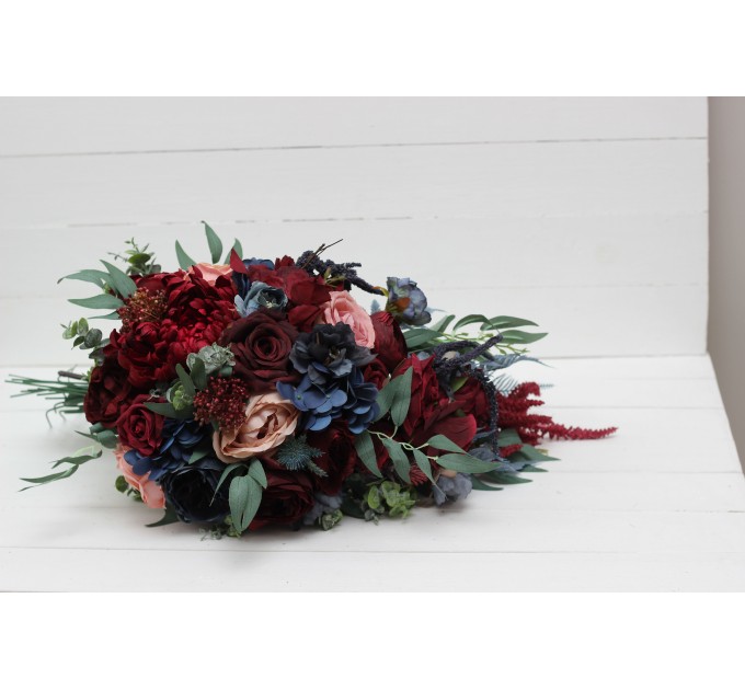 Wedding bouquets in burgundy navy blue blush pink colors. Bridal bouquet. Cascading bouquet. Faux bouquet. Bridesmaid bouquet. 5022