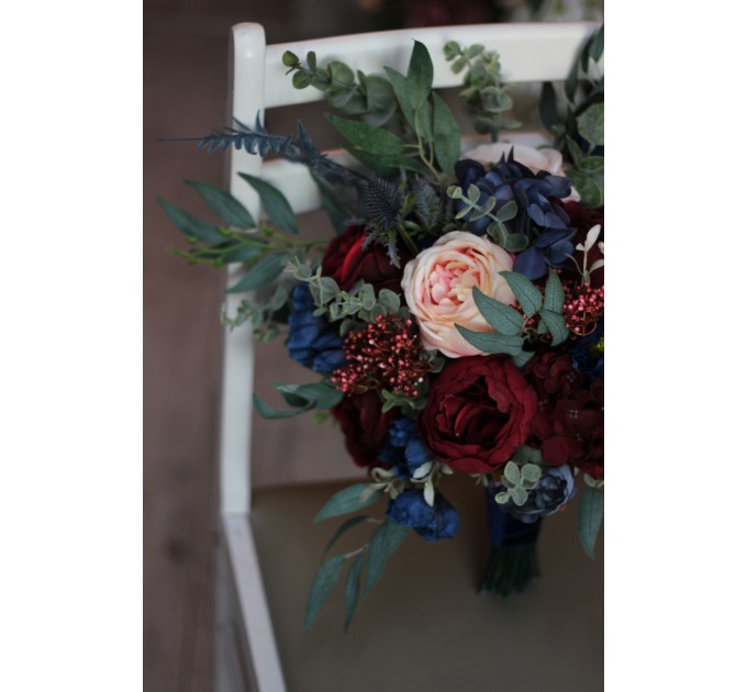 Wedding bouquets in burgundy navy blue blush pink colors. Bridal bouquet. Cascading bouquet. Faux bouquet. Bridesmaid bouquet. 5022