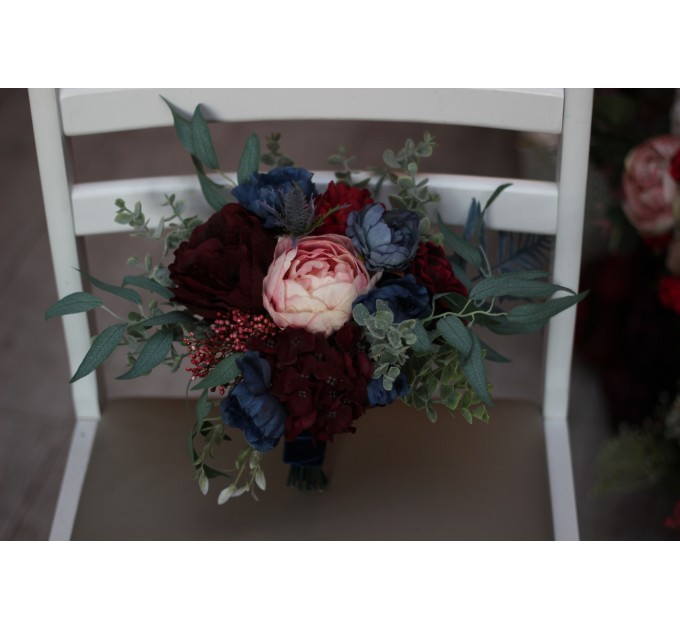 Wedding bouquets in burgundy navy blue blush pink colors. Bridal bouquet. Cascading bouquet. Faux bouquet. Bridesmaid bouquet. 5022