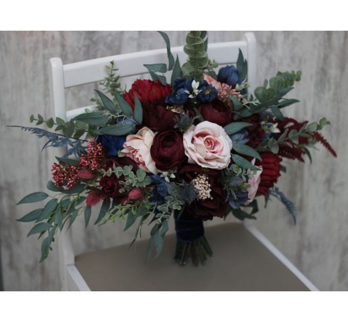 Wedding bouquets in burgundy navy blue blush pink colors. Bridal bouquet. Cascading bouquet. Faux bouquet. Bridesmaid bouquet. 5022