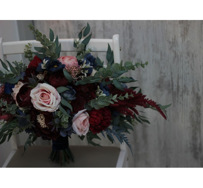 Wedding bouquets in burgundy navy blue blush pink colors. Bridal bouquet. Cascading bouquet. Faux bouquet. Bridesmaid bouquet. 5022