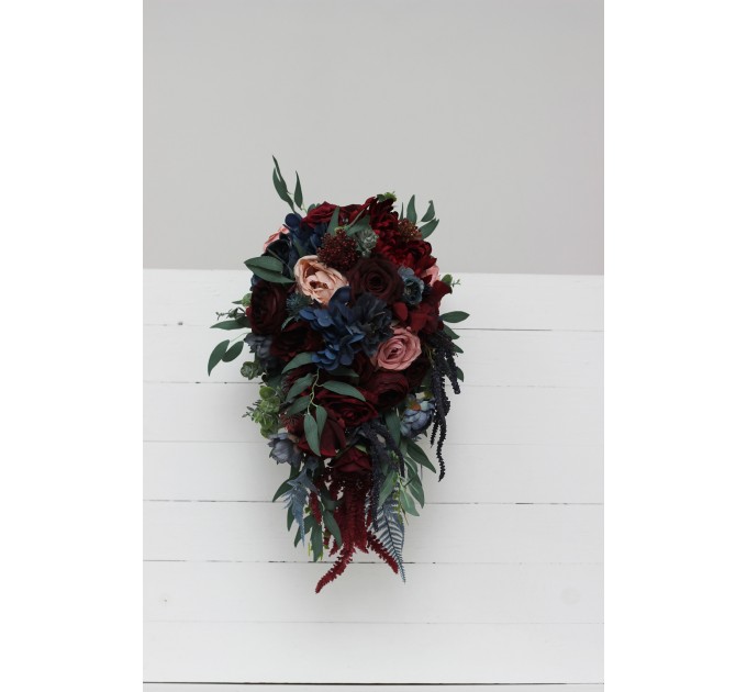 Wedding Bouquets in Burgundy, Navy Blue & Blush Pink | Large Bridal & Cascading Faux Flowers