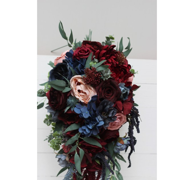 Wedding Bouquets in Burgundy, Navy Blue & Blush Pink | Large Bridal & Cascading Faux Flowers