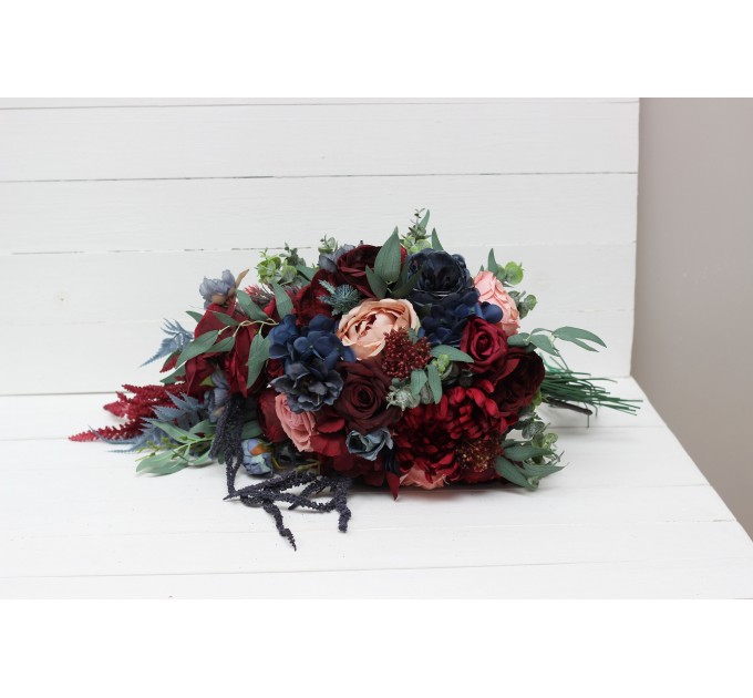 Wedding Bouquets in Burgundy, Navy Blue & Blush Pink | Large Bridal & Cascading Faux Flowers