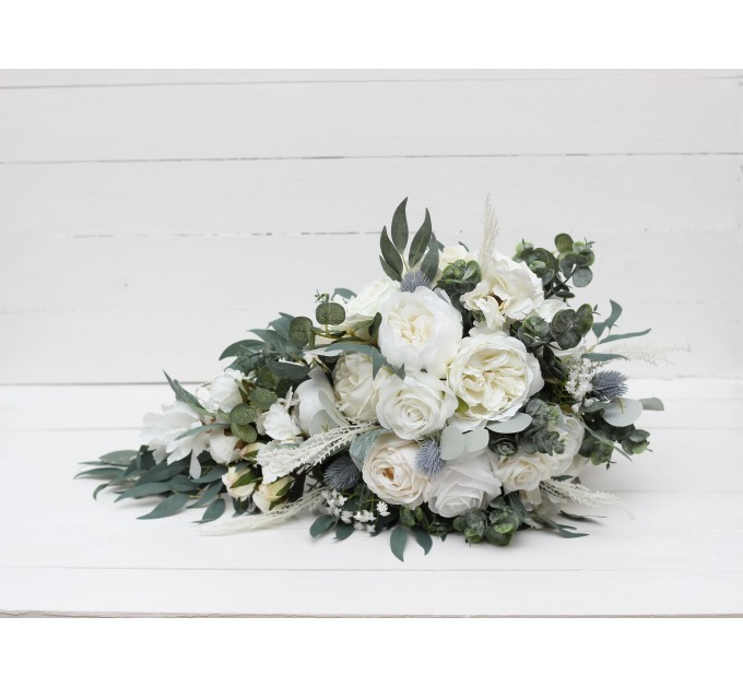 Wedding bouquets in white colors. Bridal bouquet. Cascading bouquet. Faux bouquet. Bridesmaid bouquet. 5021