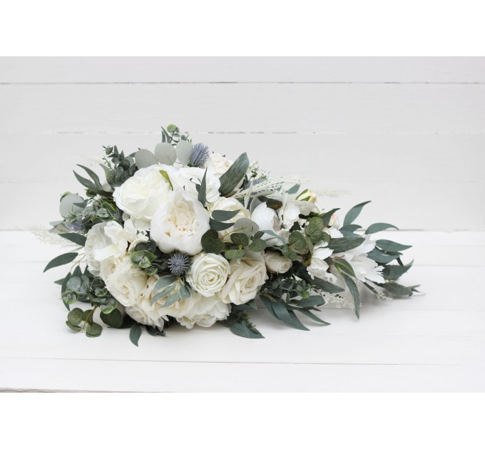 Wedding bouquets in white colors. Bridal bouquet. Cascading bouquet. Faux bouquet. Bridesmaid bouquet. 5021
