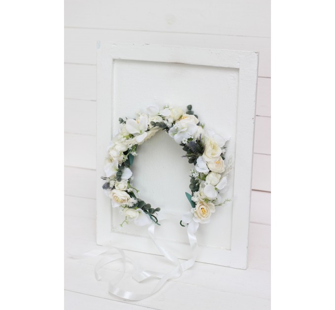 White flower crown. Hair wreath. Flower girl crown. Wedding flowers. 5021