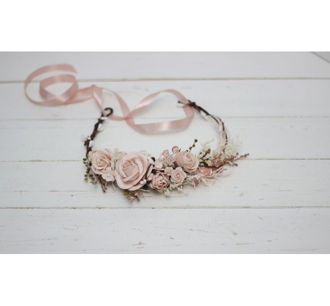 Blush Pink Floral Crown – Elegant Faux Hair Wreath for Bridesmaids and Flower Girls