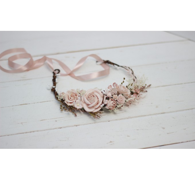 Blush Pink Floral Crown – Elegant Faux Hair Wreath for Bridesmaids and Flower Girls