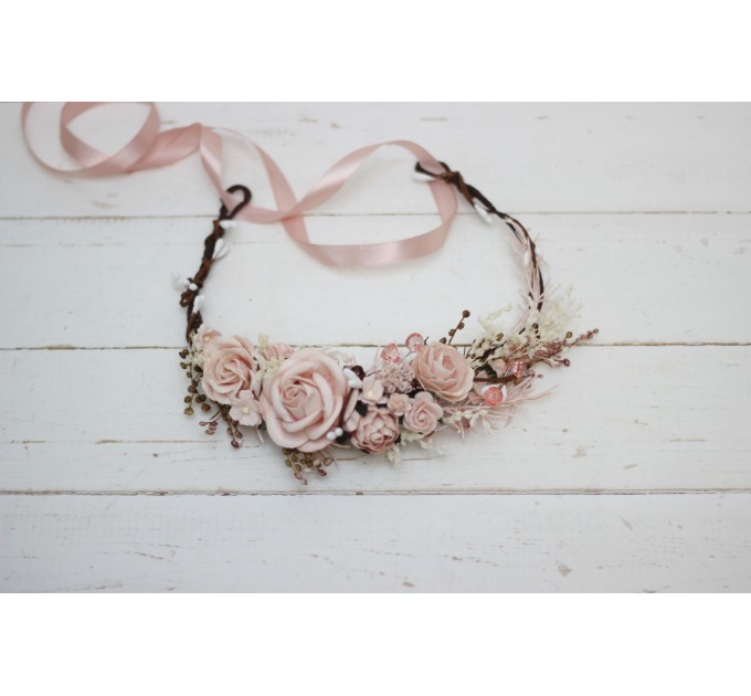 Blush Pink Floral Crown – Elegant Faux Hair Wreath for Bridesmaids and Flower Girls