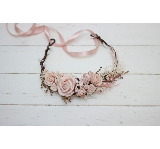 Blush Pink Floral Crown – Elegant Faux Hair Wreath for Bridesmaids and Flower Girls
