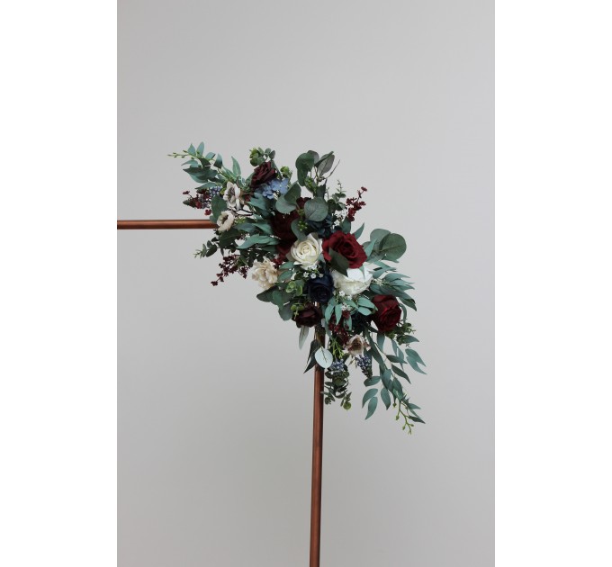  Flower arch arrangement in burgundy navy blue cream colors.  Arbor flowers. Floral archway. Faux flowers for wedding arch. 5024