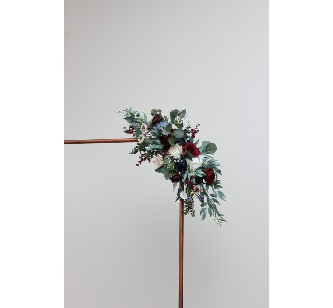  Flower arch arrangement in burgundy navy blue cream colors.  Arbor flowers. Floral archway. Faux flowers for wedding arch. 5024