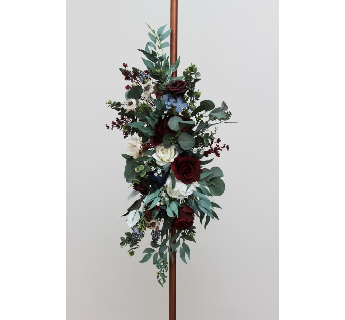  Flower arch arrangement in burgundy navy blue cream colors.  Arbor flowers. Floral archway. Faux flowers for wedding arch. 5024