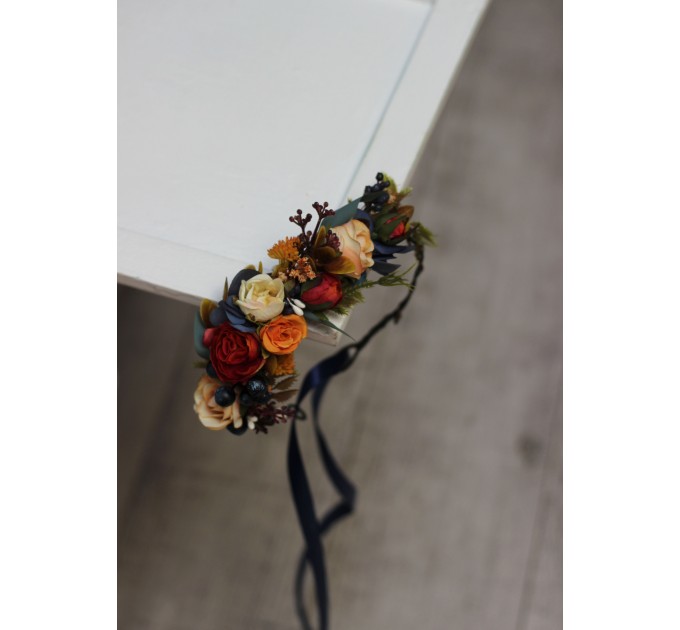 Navy blue ivory burnt orange flower crown. Hair wreath. Flower girl crown. Wedding flowers. 5029