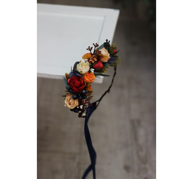 Navy blue ivory burnt orange flower crown. Hair wreath. Flower girl crown. Wedding flowers. 5029