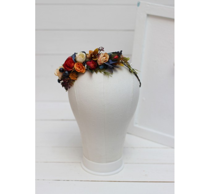 Navy blue ivory burnt orange flower crown. Hair wreath. Flower girl crown. Wedding flowers. 5029