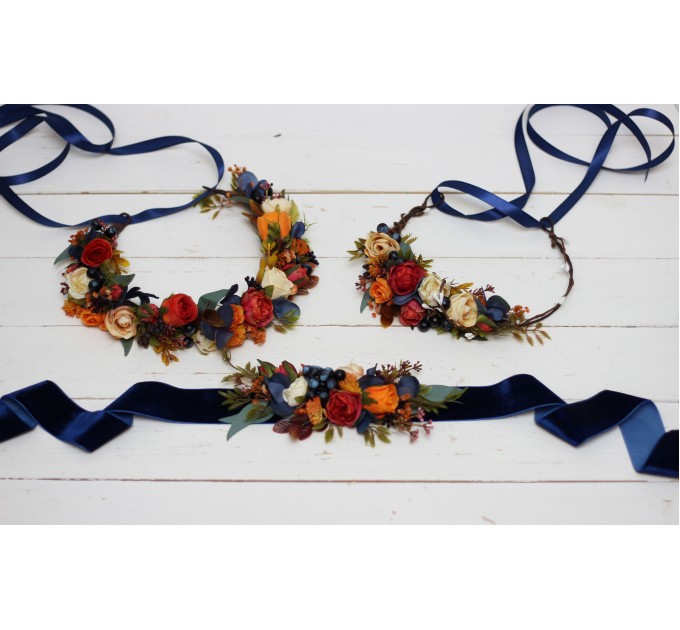 Navy blue ivory burnt orange flower crown. Hair wreath. Flower girl crown. Wedding flowers. 5029