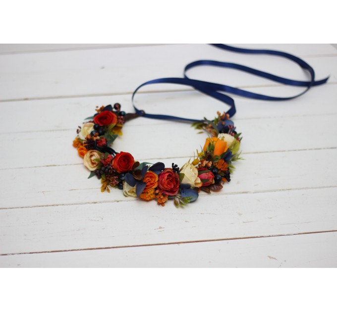 Navy blue ivory burnt orange flower crown. Hair wreath. Flower girl crown. Wedding flowers. 5029