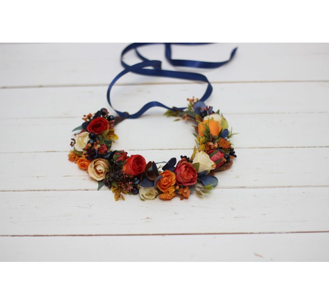 Navy blue ivory burnt orange flower crown. Hair wreath. Flower girl crown. Wedding flowers. 5029