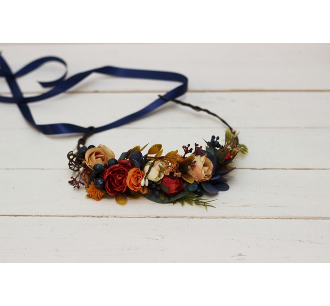 Navy blue ivory burnt orange flower crown. Hair wreath. Flower girl crown. Wedding flowers. 5029