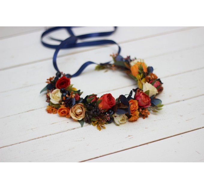 Navy blue ivory burnt orange flower crown. Hair wreath. Flower girl crown. Wedding flowers. 5029