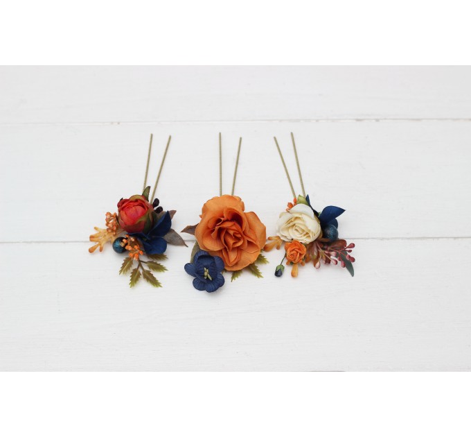 Set of 3 hair pins in navy blue ivory burnt orange color scheme. Hair accessories. Flower accessories for wedding. 5029