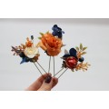 Set of 3 hair pins in navy blue ivory burnt orange color scheme. Hair accessories. Flower accessories for wedding. 5029