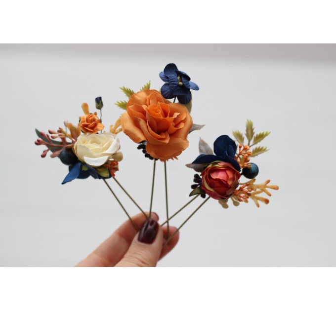 Set of 3 hair pins in navy blue ivory burnt orange color scheme. Hair accessories. Flower accessories for wedding. 5029