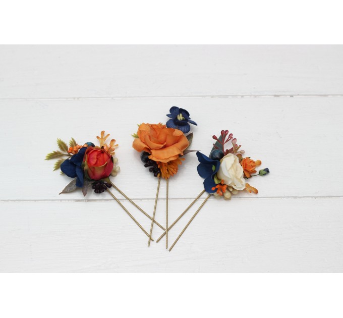  Set of 3 hair pins in navy blue ivory burnt orange  color scheme. Hair accessories. Flower accessories for wedding.  5029