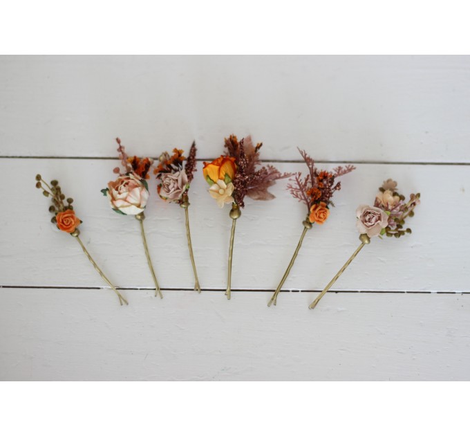  Set of 6 hair pins in rust orange beige color scheme. Hair accessories. Flower accessories for wedding.  5023 Autumn